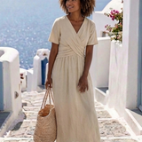 Ambre | Vestido cruzado midi de manga corta con cuello en V