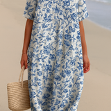 Magnolia - Vestido Marfil Decorado con Detalles Florales en Azul Porcelana