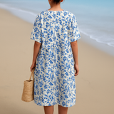 Magnolia - Vestido Marfil Decorado con Detalles Florales en Azul Porcelana