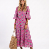 Céline | Vestido midi estampado con mangas tres cuartos y escote en V