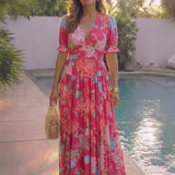 Juliette | Vestido midi floral con mangas cortas y escote en V
