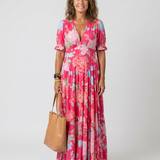 Juliette | Vestido midi floral con mangas cortas y escote en V