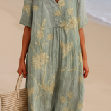 Clementina - Vestido Azul y Gris con Bordado Floral