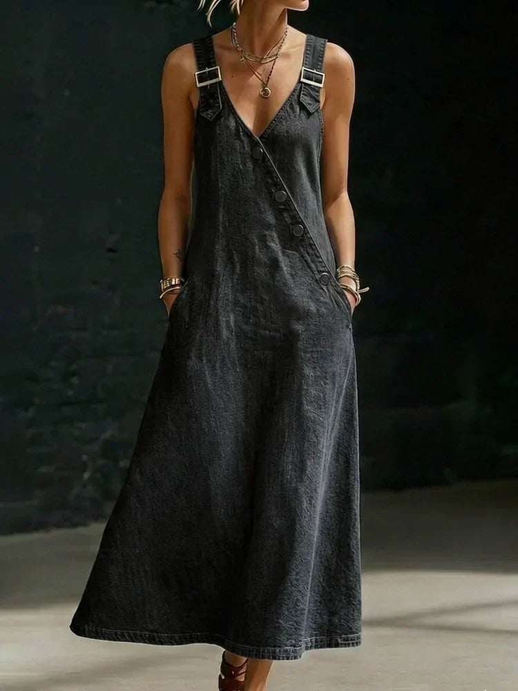 Vera - Vestido Largo de Denim con Detalles de Botones