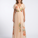 Hélène | Vestido Maxi Floral con Pliegues y Escote en V