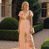 Hélène | Vestido Maxi Floral con Pliegues y Escote en V