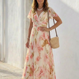 Margaux | Vestido Maxi Floral de Manga Corta con Escote en V