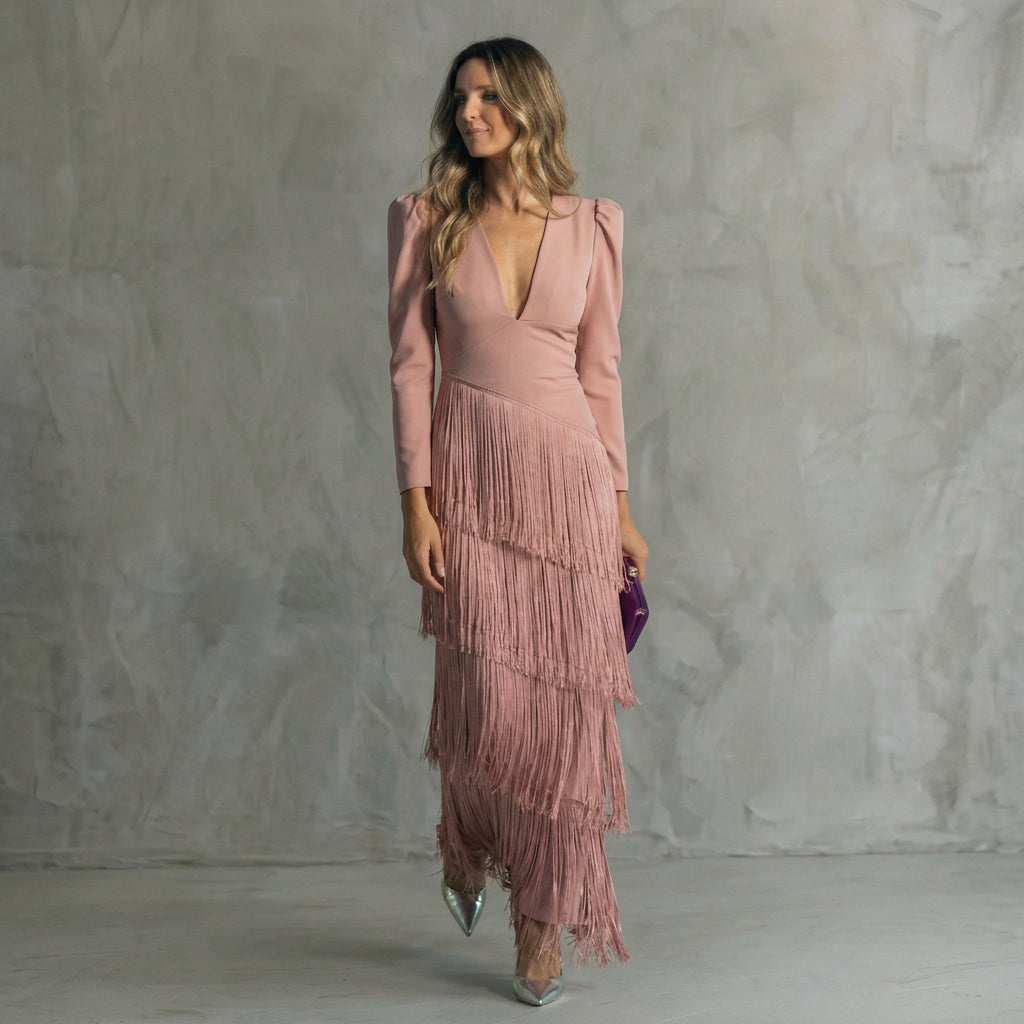 Gabriela - Long Fringe Dress with V-Neck