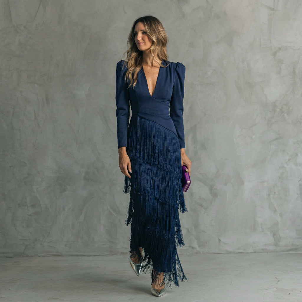 Gabriela - Long Fringe Dress with V-Neck