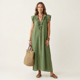 Josette | Maxi Vestido de Lino con Detalles de Encaje en V