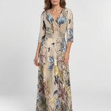 Caroline | Vestido maxi de flores con mangas tres cuartos y diseño envolvente