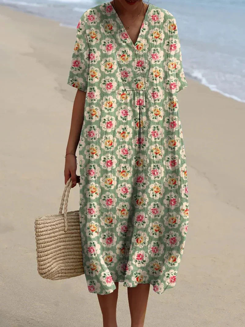 Eulállia - Vestido floral retro en verde menta